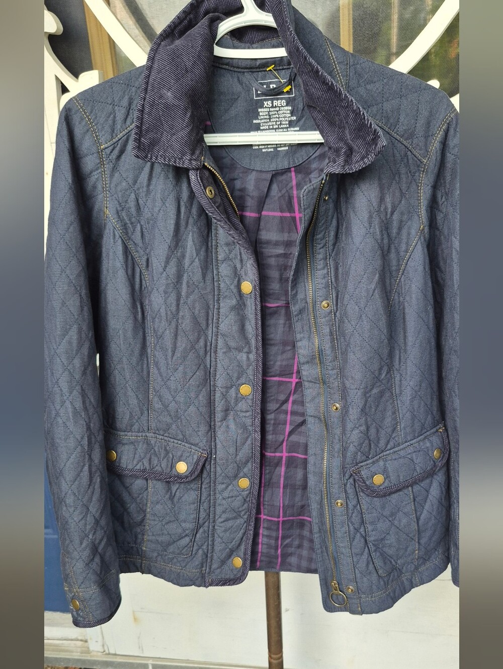L Bean Quilted Navy Utility Jacket with Corduroy Collar Denim Sz.XS